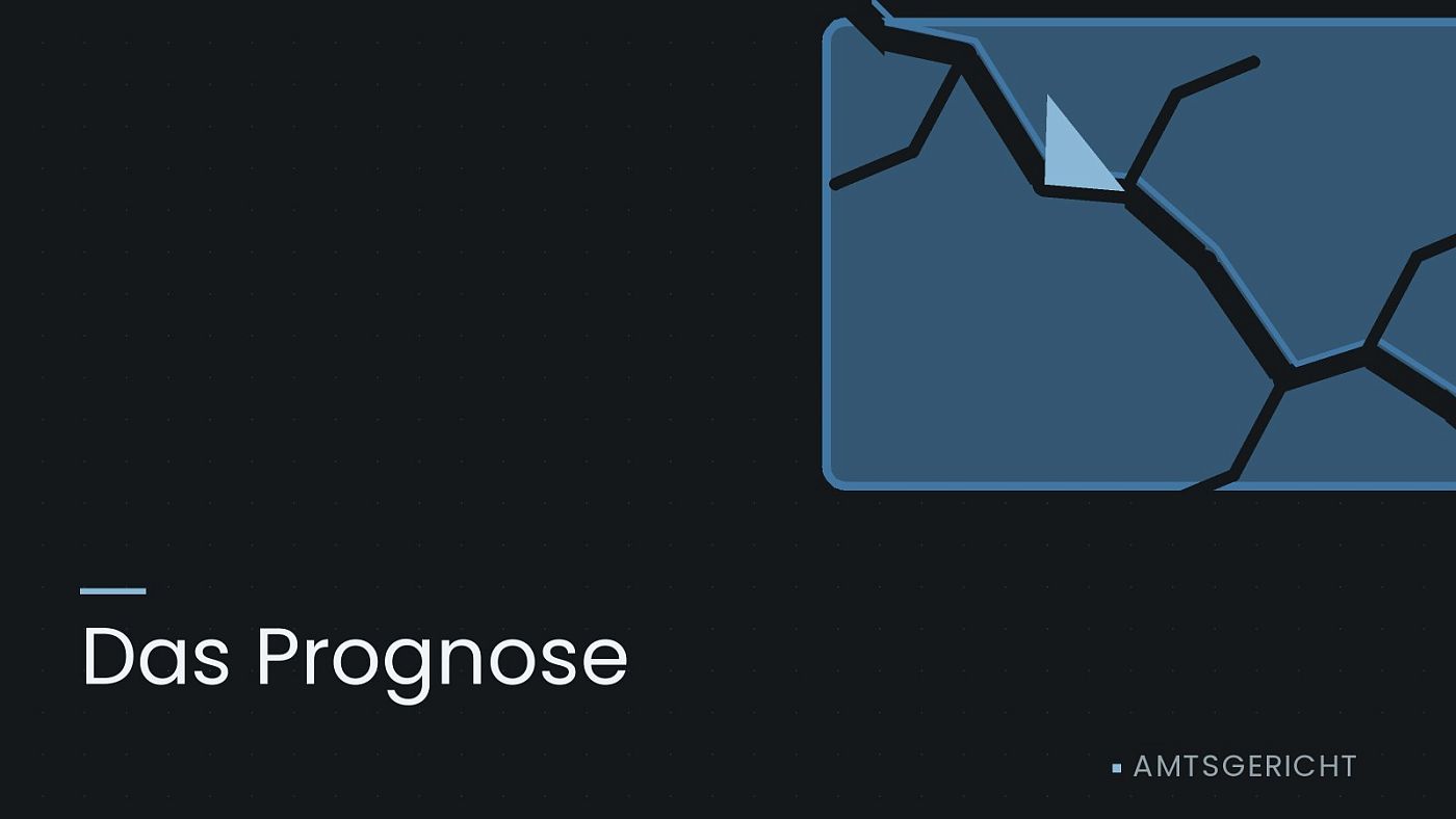 Symbolgrafik: eine gezeichnete Bruchlinie über einer Fläche, beschriftet mit „Das Prognose“.