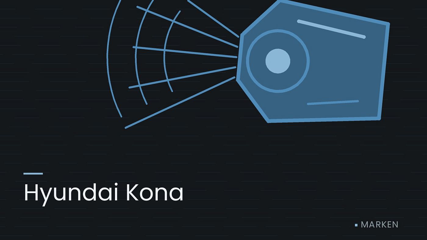 Symbolgrafik: ein gezeichneter Scheinwerfer mit Lichtkegel, beschriftet mit „Hyundai Kona“.