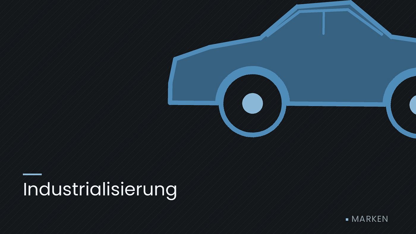 Symbolgrafik: die Umrisslinie eines Fahrzeugs von der Seite, beschriftet mit „Industrialisierung“.