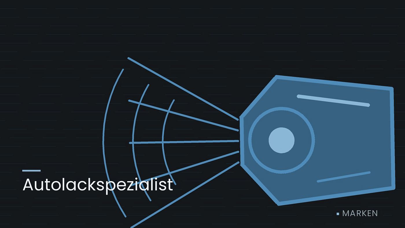 Symbolgrafik: ein gezeichneter Scheinwerfer mit Lichtkegel, beschriftet mit „Autolackspezialist“.