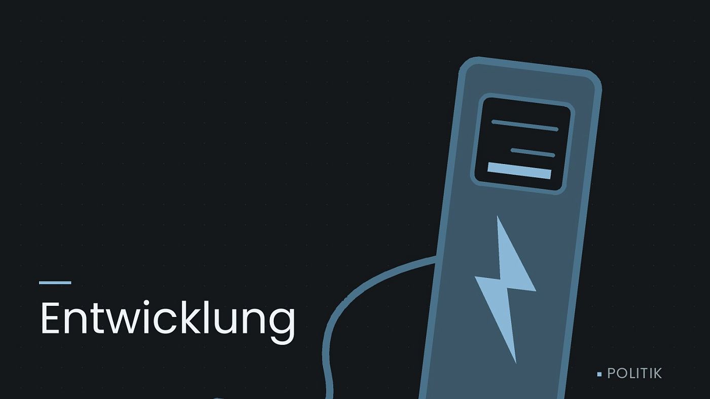 Symbolgrafik: eine gezeichnete Ladesäule mit Kabel und Stecker, beschriftet mit „Entwicklung“.