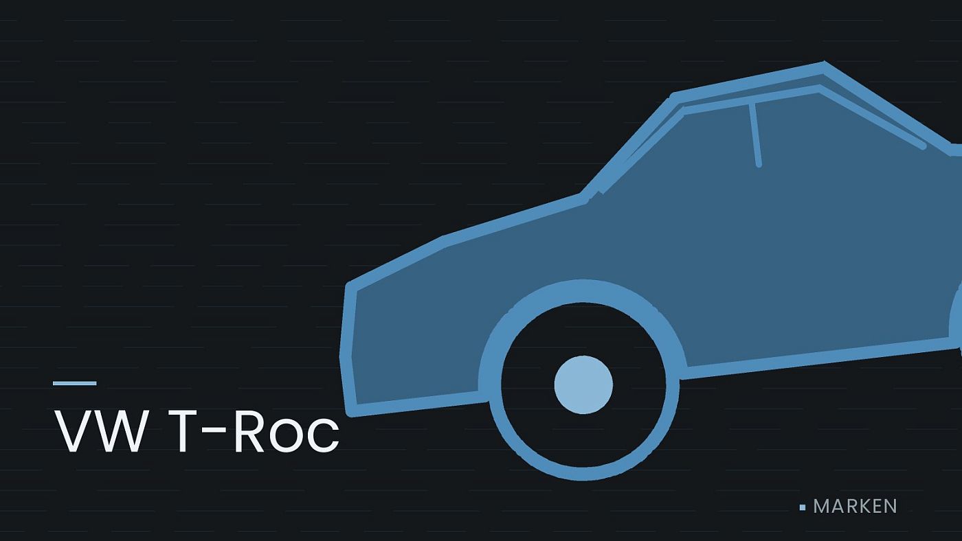 Symbolgrafik: die Umrisslinie eines Fahrzeugs von der Seite, beschriftet mit „VW T-Roc“.