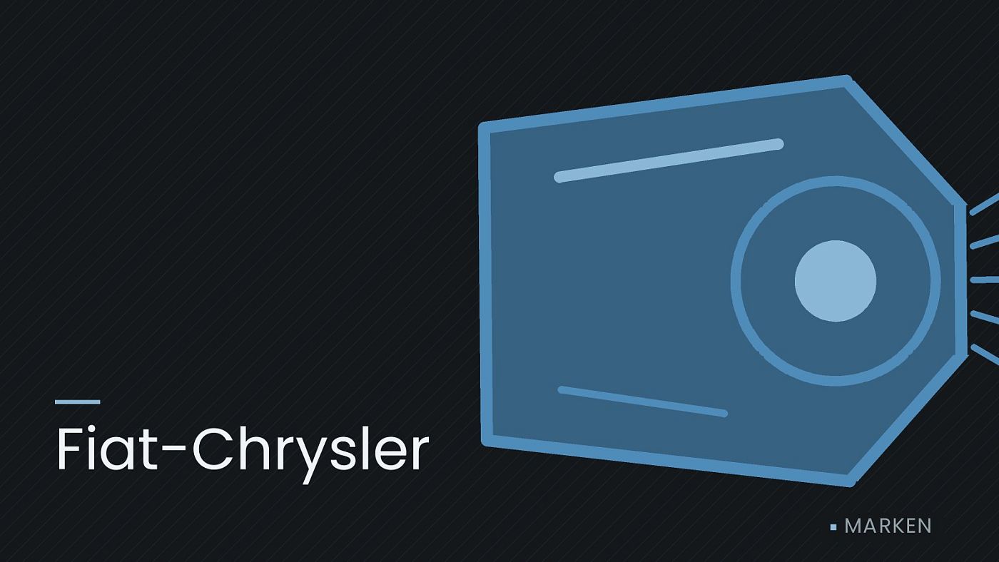 Symbolgrafik: ein gezeichneter Scheinwerfer mit Lichtkegel, beschriftet mit „Fiat-Chrysler“.