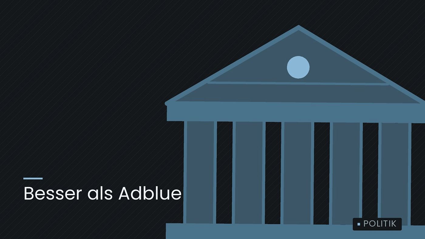 Symbolgrafik: ein stilisiertes Amtsgebäude mit Säulen, beschriftet mit „Besser als Adblue“.