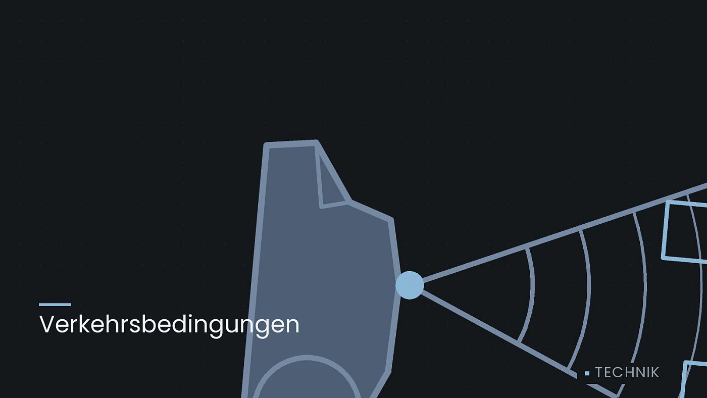 Symbolgrafik: ein gezeichneter Sensorkegel vor einer Fahrzeugfront, beschriftet mit „Verkehrsbedingungen“.