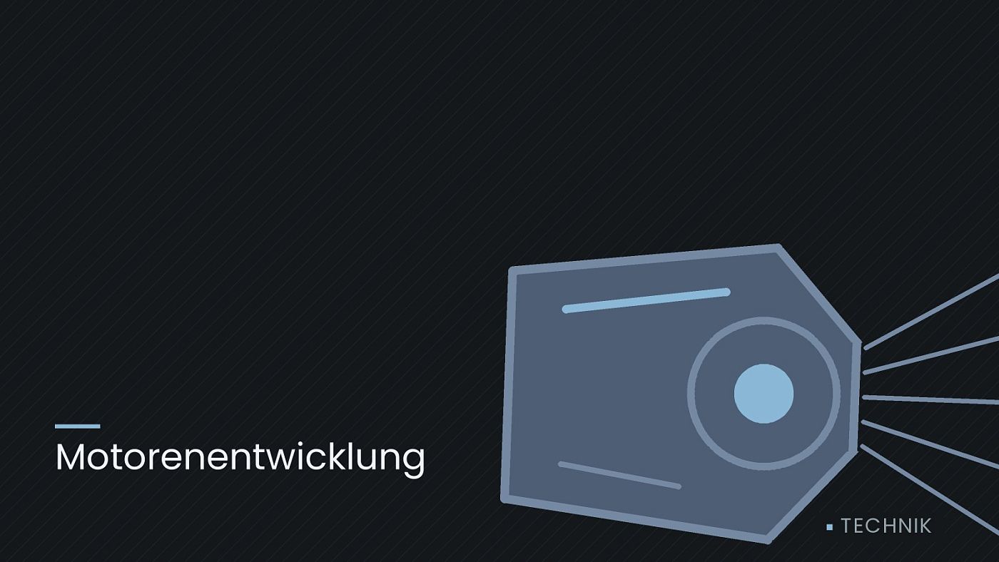 Symbolgrafik: ein gezeichneter Scheinwerfer mit Lichtkegel, beschriftet mit „Motorenentwicklung“.