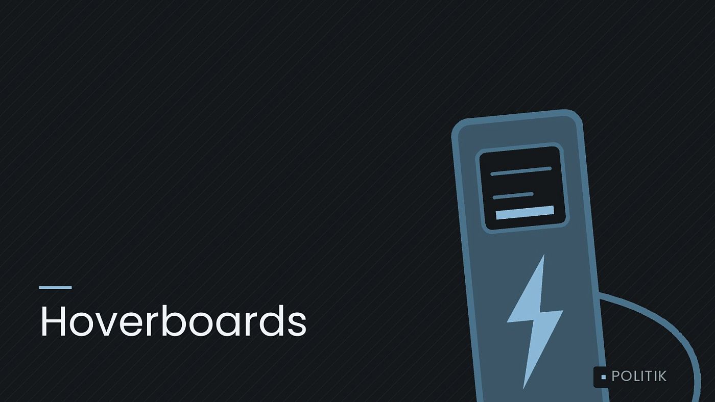 Symbolgrafik: eine gezeichnete Ladesäule mit Kabel und Stecker, beschriftet mit „Hoverboards“.