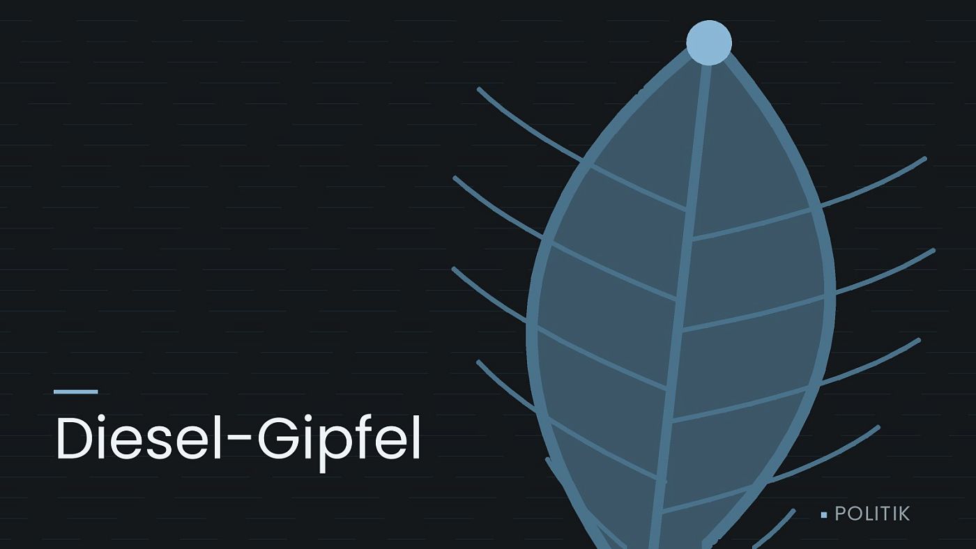 Symbolgrafik: ein gezeichnetes Blatt als Zeichen für Umwelt und Klima, beschriftet mit „Diesel-Gipfel“.