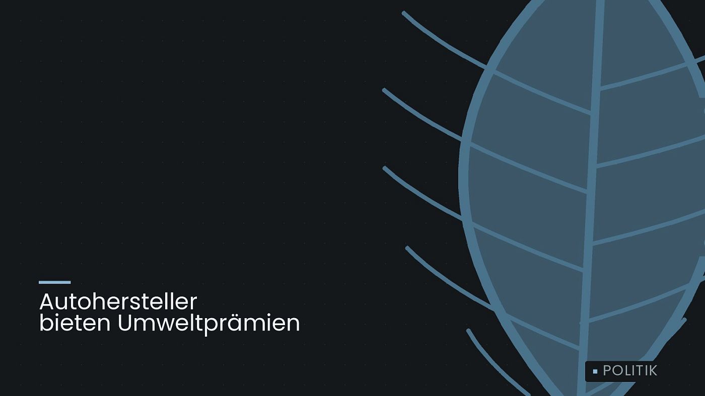Symbolgrafik: ein gezeichnetes Blatt als Zeichen für Umwelt und Klima, beschriftet mit „Autohersteller bieten Umweltprämien“.
