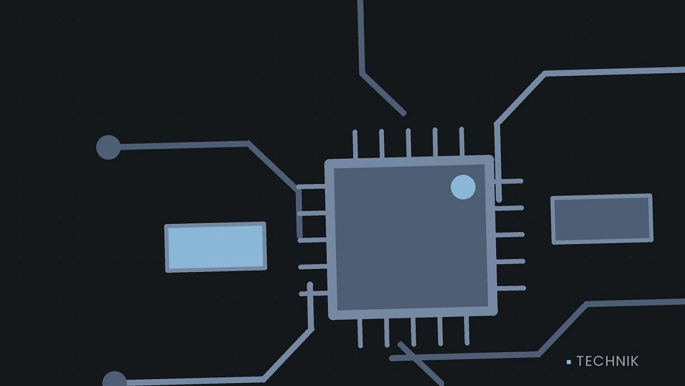 Symbolgrafik: gezeichnete Leiterbahnen mit einem Chip.