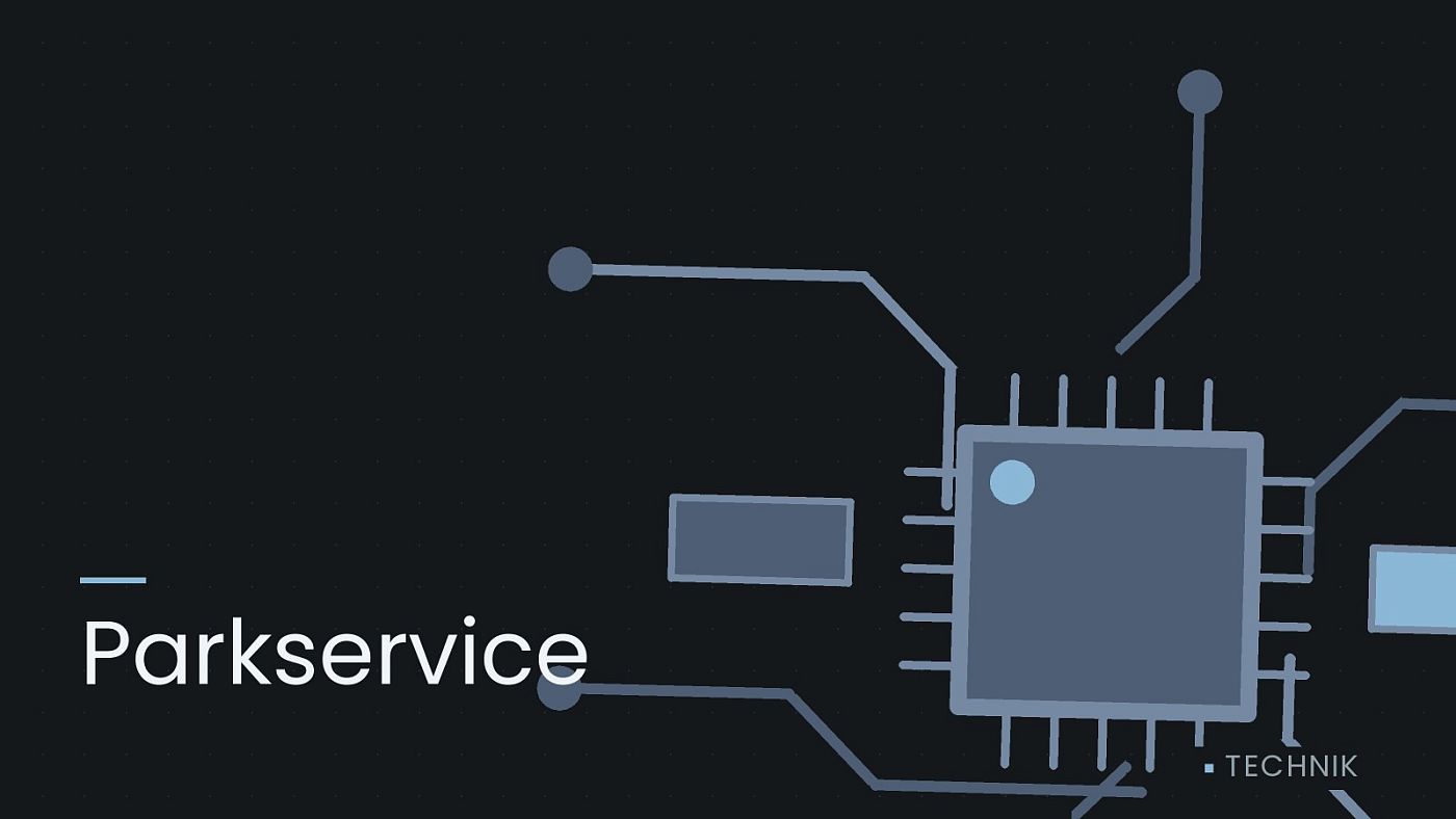 Symbolgrafik: gezeichnete Leiterbahnen mit einem Chip, beschriftet mit „Parkservice“.