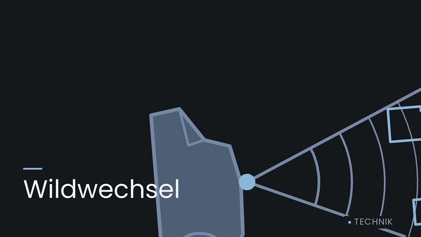 Symbolgrafik: ein gezeichneter Sensorkegel vor einer Fahrzeugfront, beschriftet mit „Wildwechsel“.