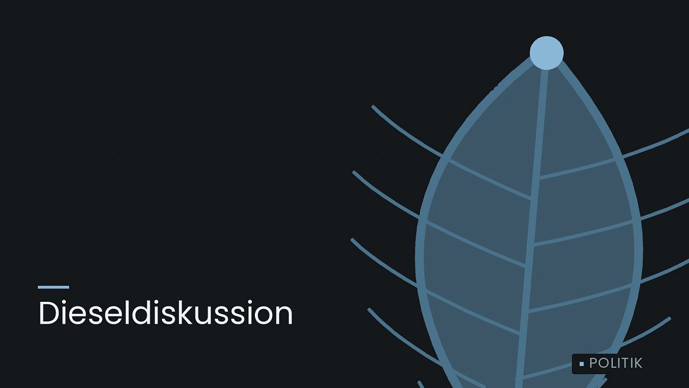 Symbolgrafik: ein gezeichnetes Blatt als Zeichen für Umwelt und Klima, beschriftet mit „Dieseldiskussion“.