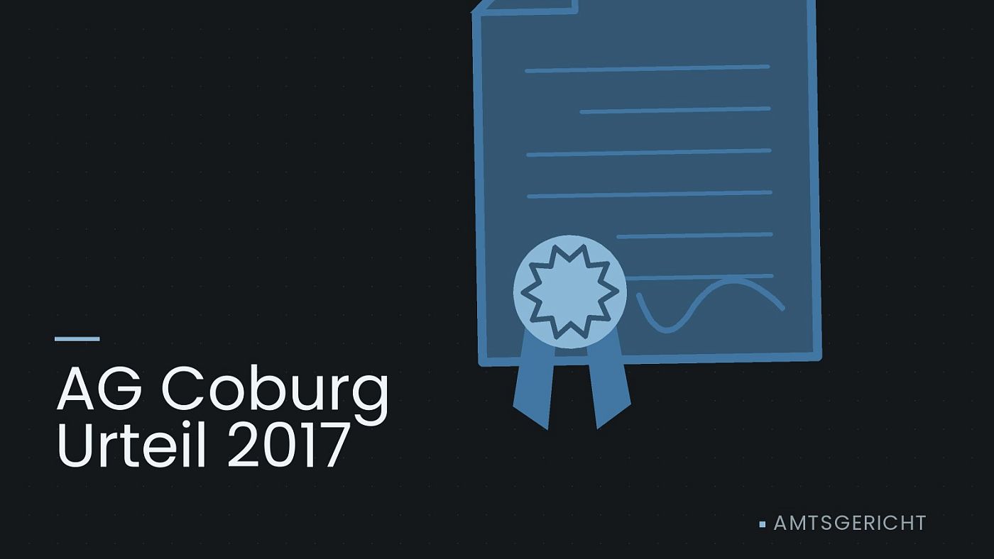 Symbolgrafik: eine gezeichnete Urkunde mit Siegel als Zeichen für eine Entscheidung, beschriftet mit „AG Coburg Urteil 2017“.