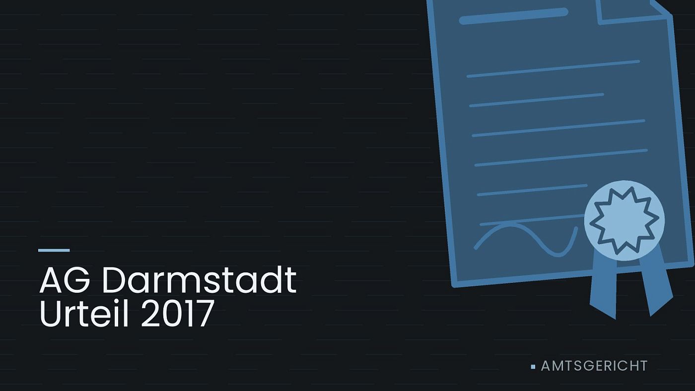 Symbolgrafik: eine gezeichnete Urkunde mit Siegel als Zeichen für eine Entscheidung, beschriftet mit „AG Darmstadt Urteil 2017“.