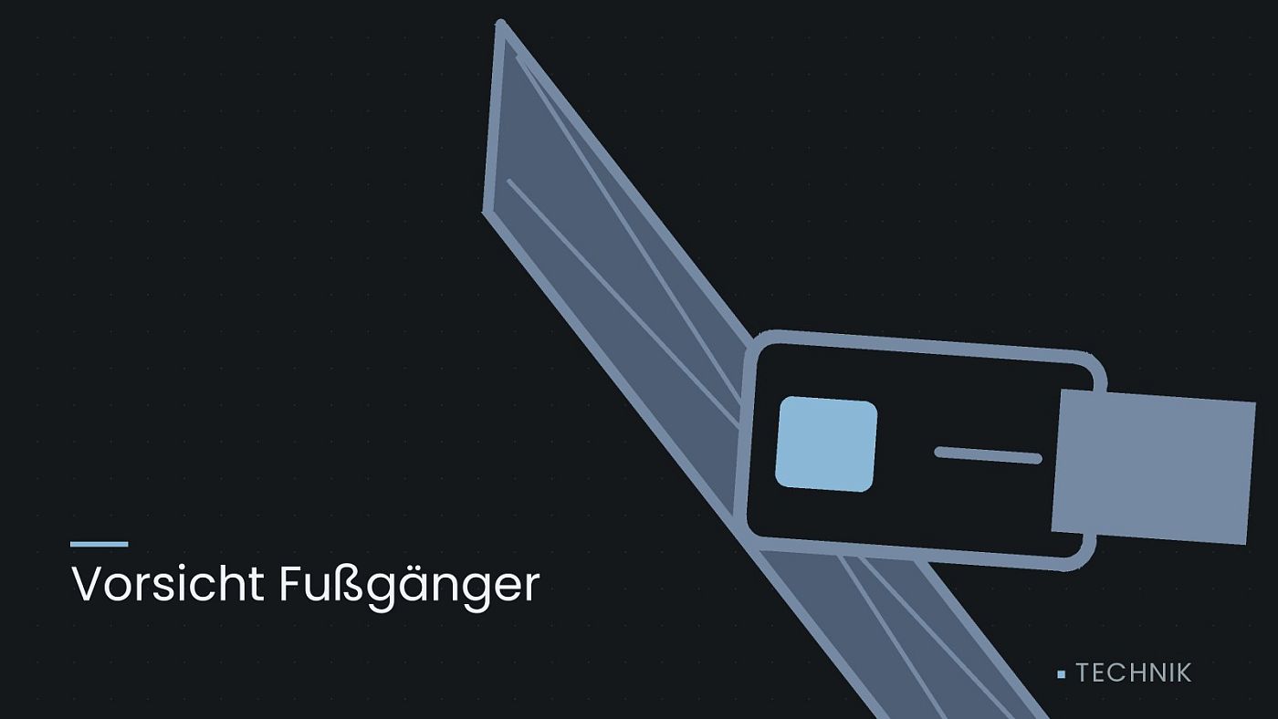 Symbolgrafik: ein gezeichneter Sicherheitsgurt mit Schloss, beschriftet mit „Vorsicht Fußgänger“.
