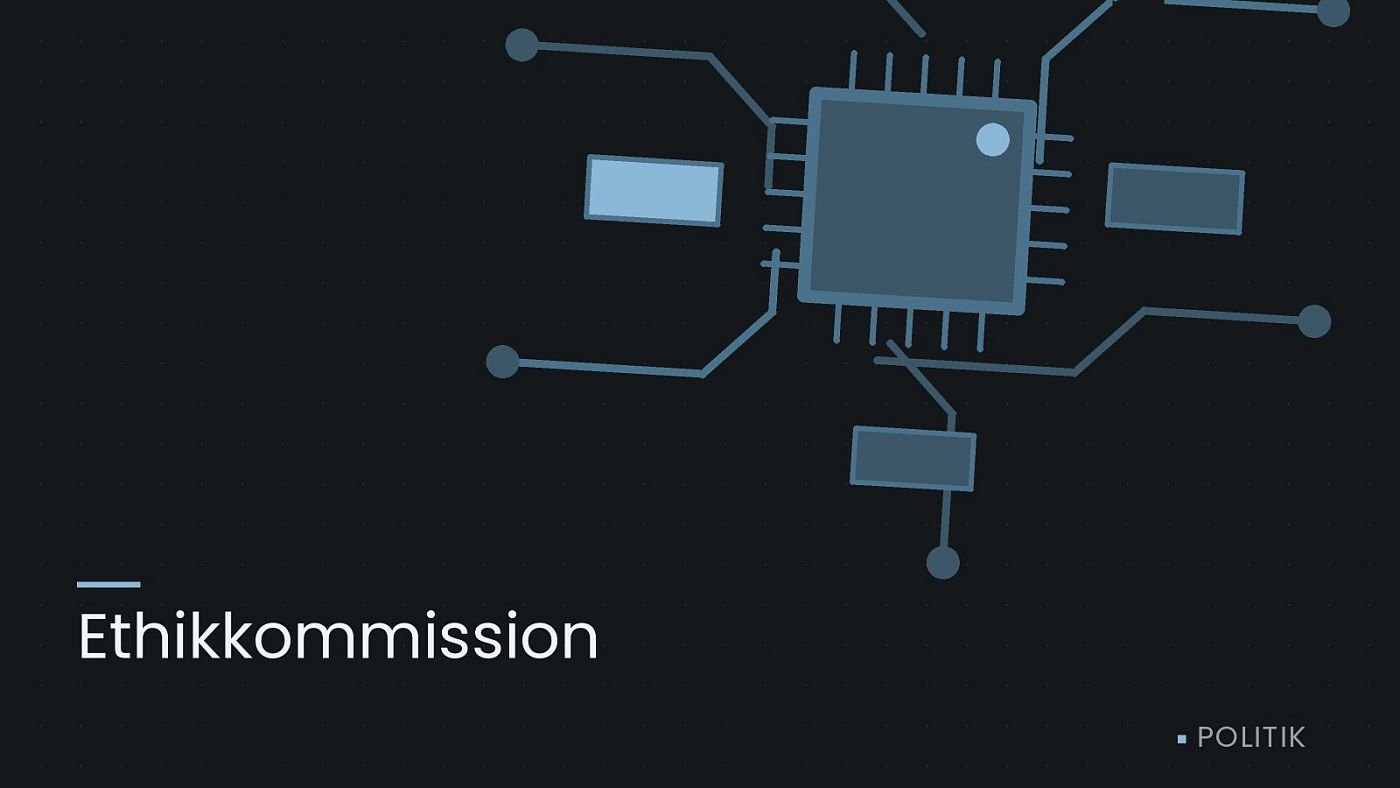 Symbolgrafik: gezeichnete Leiterbahnen mit einem Chip, beschriftet mit „Ethikkommission“.