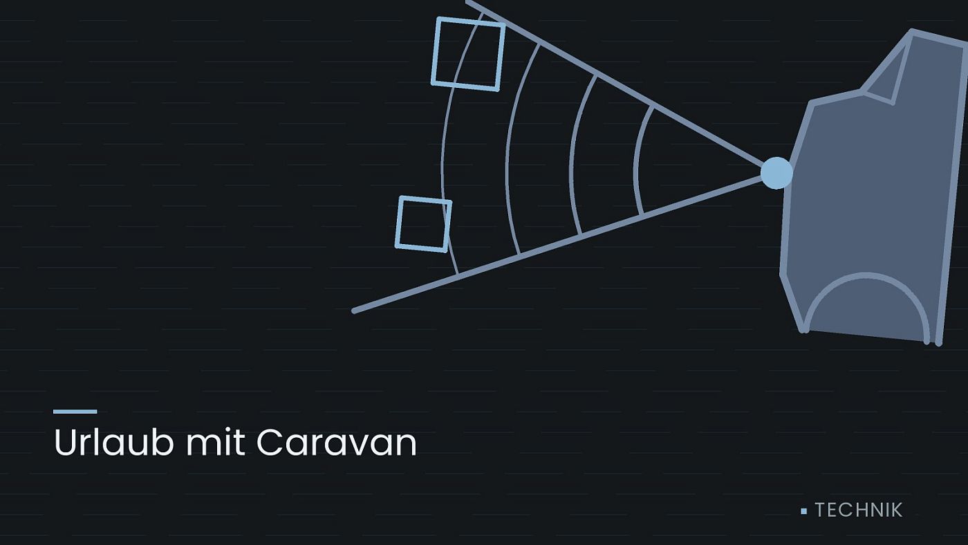 Symbolgrafik: ein gezeichneter Sensorkegel vor einer Fahrzeugfront, beschriftet mit „Urlaub mit Caravan“.