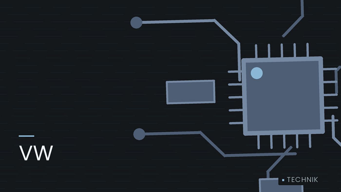 Symbolgrafik: gezeichnete Leiterbahnen mit einem Chip, beschriftet mit „VW“.