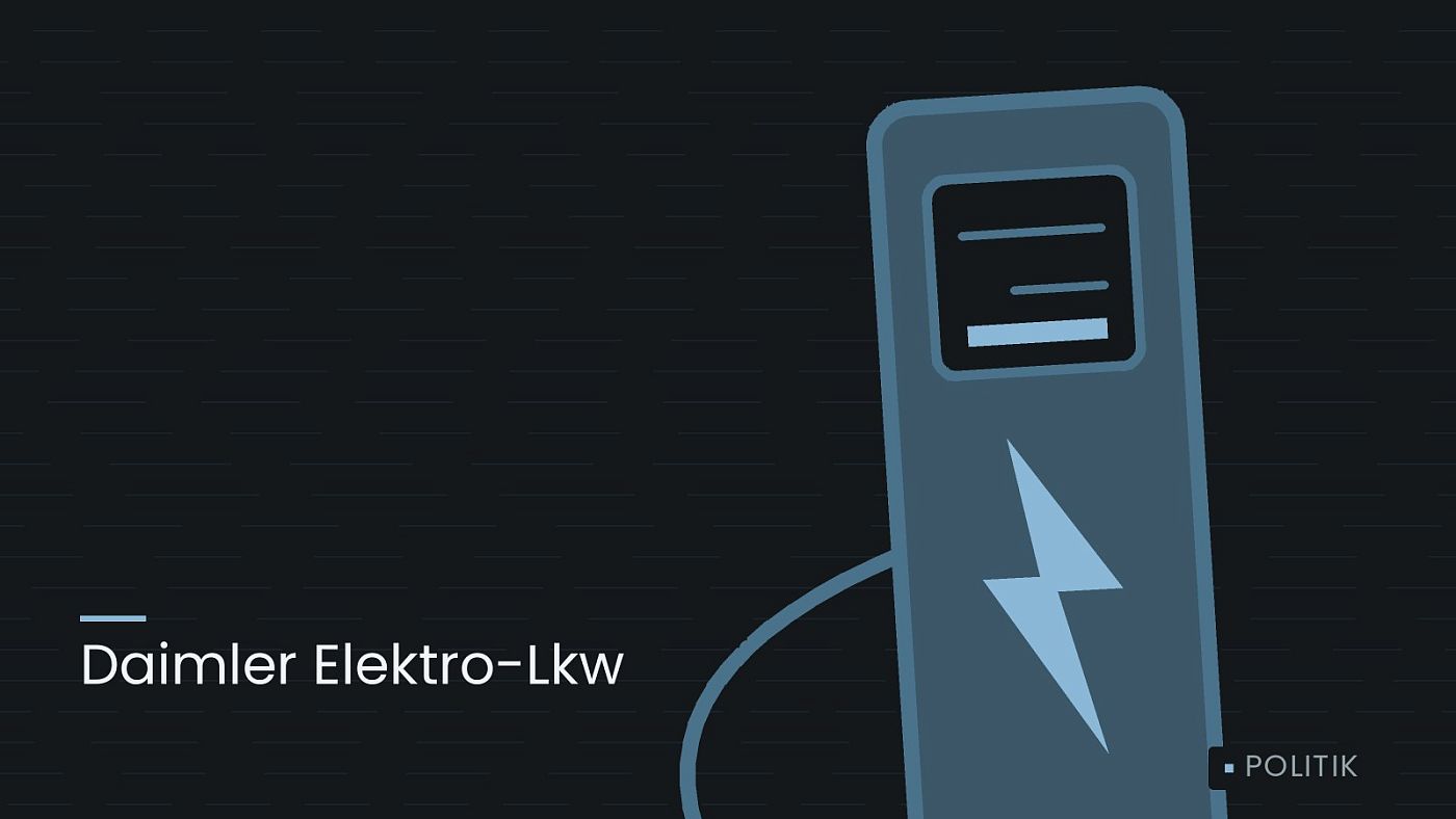 Symbolgrafik: eine gezeichnete Ladesäule mit Kabel und Stecker, beschriftet mit „Daimler Elektro-Lkw“.