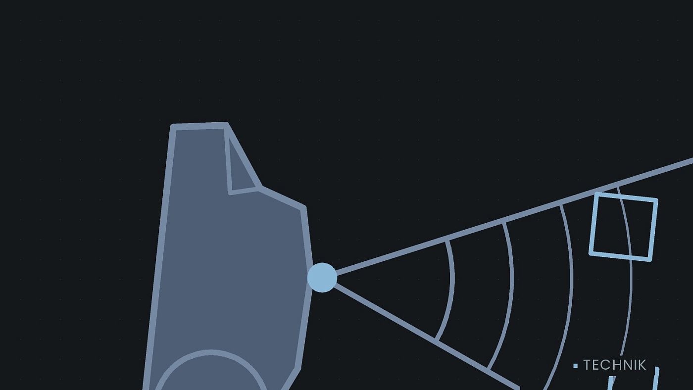 Symbolgrafik: ein gezeichneter Sensorkegel vor einer Fahrzeugfront.