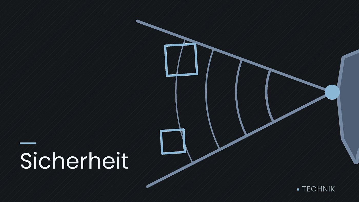 Symbolgrafik: ein gezeichneter Sensorkegel vor einer Fahrzeugfront, beschriftet mit „Sicherheit“.