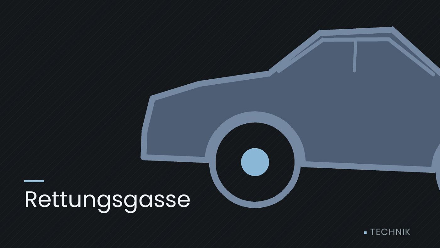 Symbolgrafik: die Umrisslinie eines Fahrzeugs von der Seite, beschriftet mit „Rettungsgasse“.