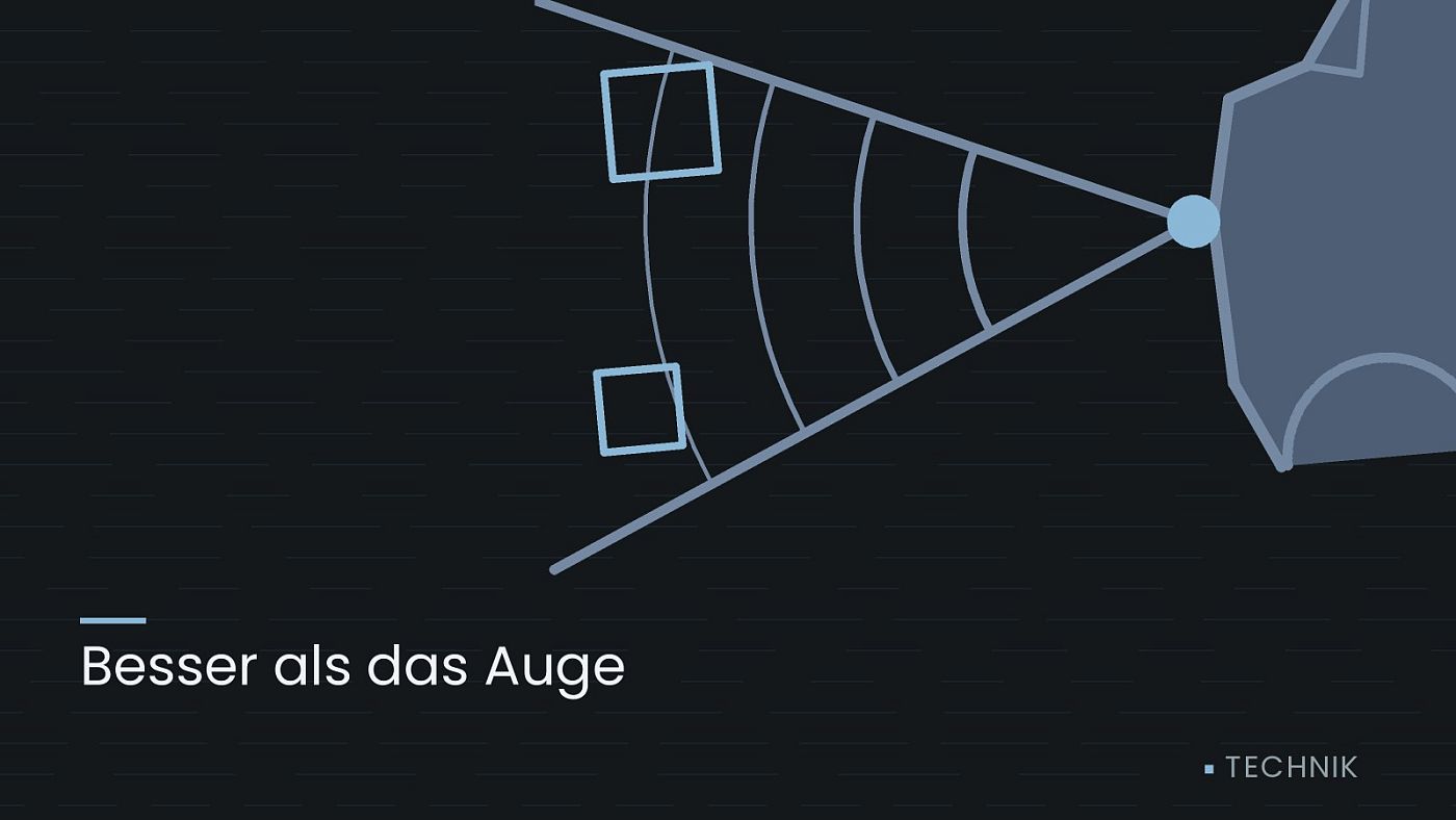 Symbolgrafik: ein gezeichneter Sensorkegel vor einer Fahrzeugfront, beschriftet mit „Besser als das Auge“.