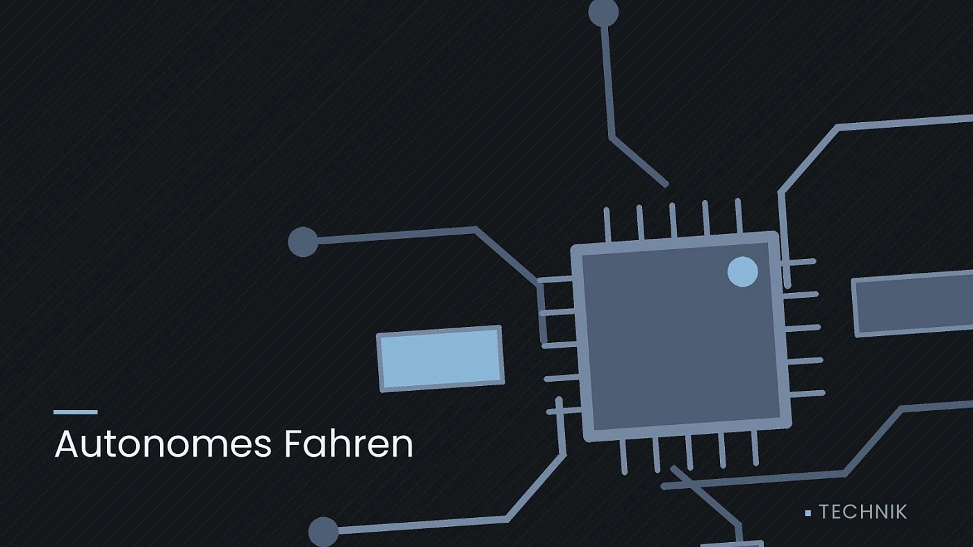 Symbolgrafik: gezeichnete Leiterbahnen mit einem Chip, beschriftet mit „Autonomes Fahren“.