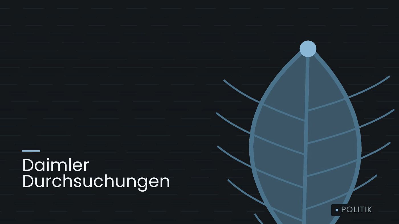 Symbolgrafik: ein gezeichnetes Blatt als Zeichen für Umwelt und Klima, beschriftet mit „Daimler Durchsuchungen“.