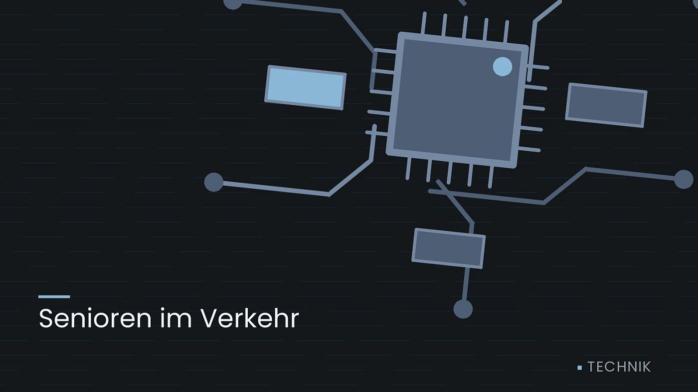 Symbolgrafik: gezeichnete Leiterbahnen mit einem Chip, beschriftet mit „Senioren im Verkehr“.