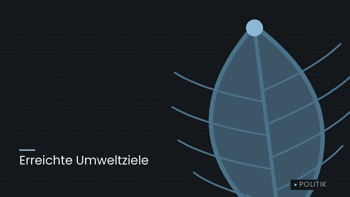 Symbolgrafik: ein gezeichnetes Blatt als Zeichen für Umwelt und Klima, beschriftet mit „Erreichte Umweltziele“.