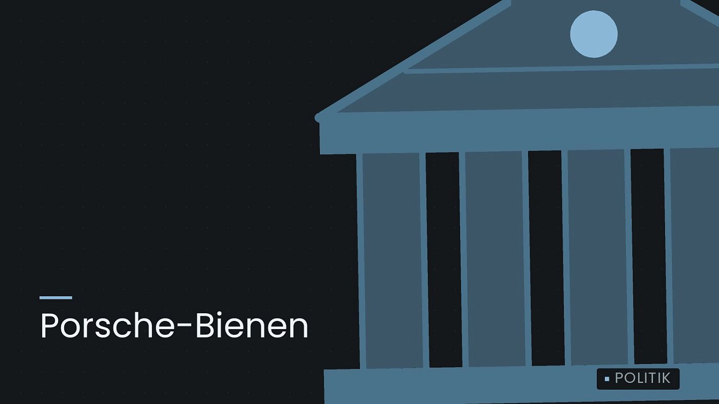 Symbolgrafik: ein stilisiertes Amtsgebäude mit Säulen, beschriftet mit „Porsche-Bienen“.