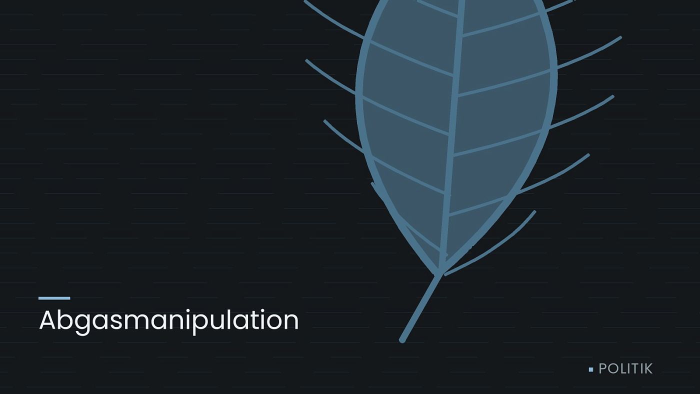 Symbolgrafik: ein gezeichnetes Blatt als Zeichen für Umwelt und Klima, beschriftet mit „Abgasmanipulation“.