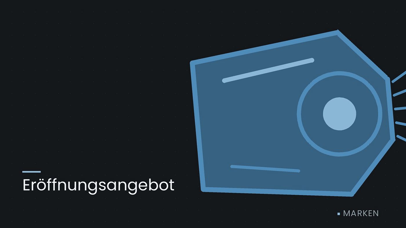 Symbolgrafik: ein gezeichneter Scheinwerfer mit Lichtkegel, beschriftet mit „Eröffnungsangebot“.