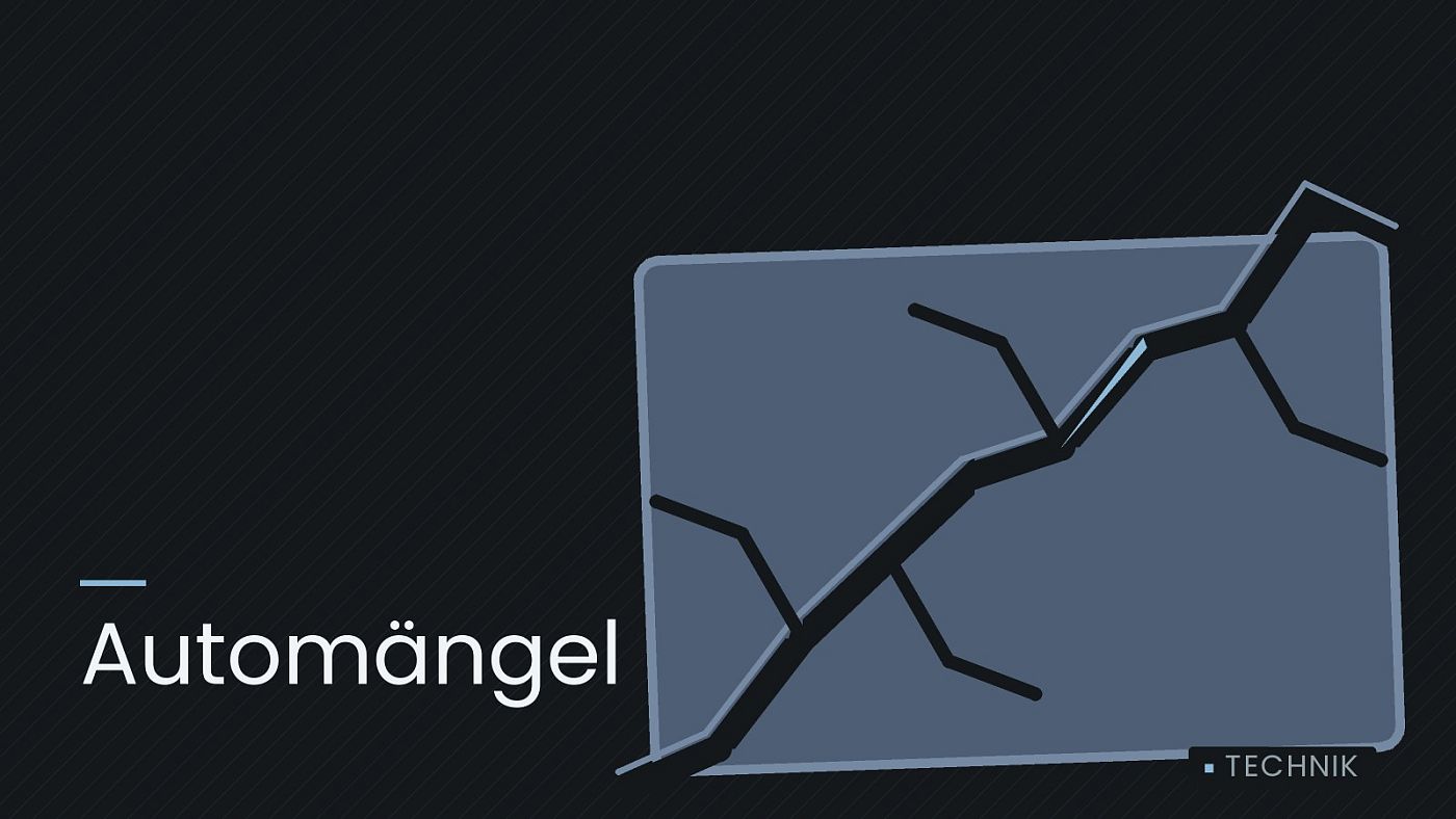 Symbolgrafik: eine gezeichnete Bruchlinie über einer Fläche, beschriftet mit „Automängel“.