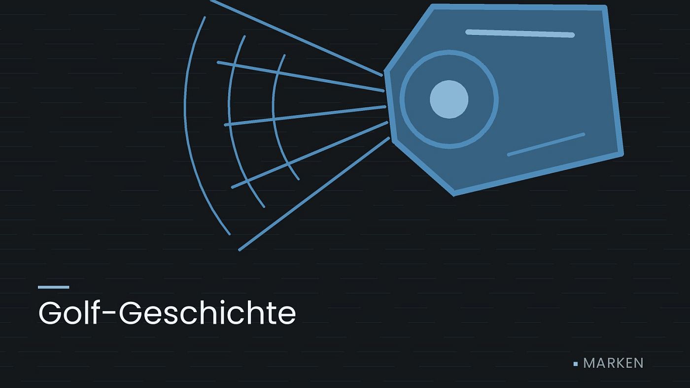 Symbolgrafik: ein gezeichneter Scheinwerfer mit Lichtkegel, beschriftet mit „Golf-Geschichte“.