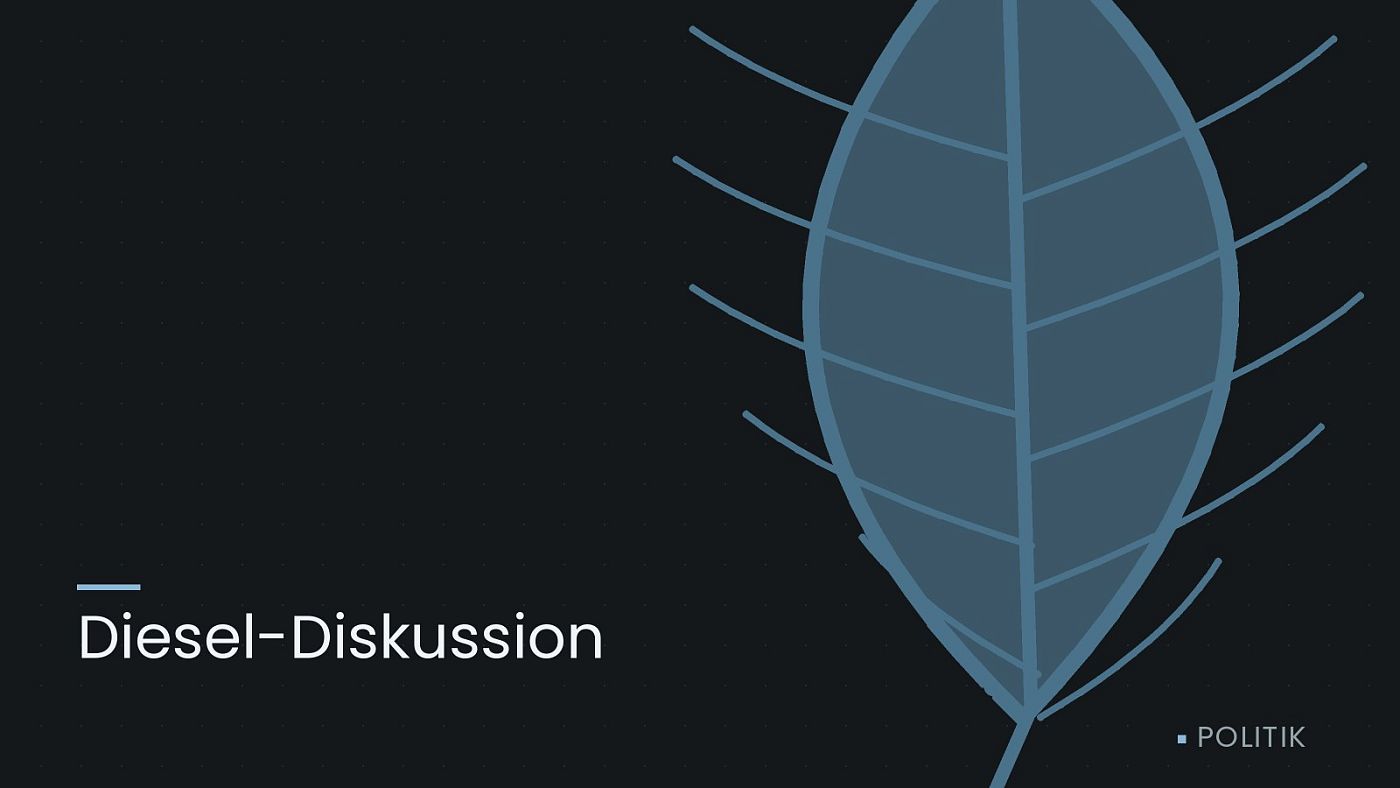 Symbolgrafik: ein gezeichnetes Blatt als Zeichen für Umwelt und Klima, beschriftet mit „Diesel-Diskussion“.
