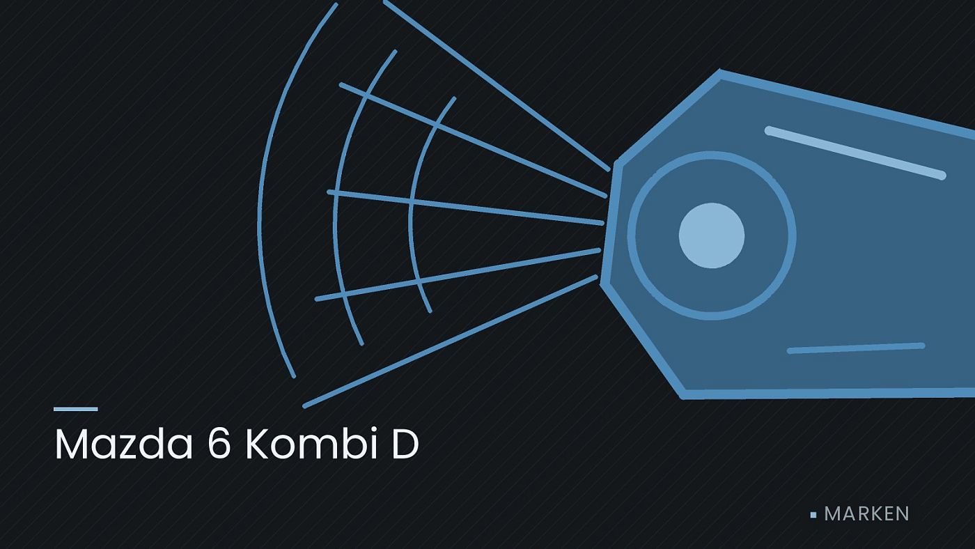 Symbolgrafik: ein gezeichneter Scheinwerfer mit Lichtkegel, beschriftet mit „Mazda 6 Kombi D“.