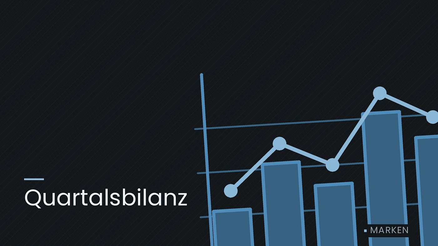 Symbolgrafik: ein gezeichnetes Balkendiagramm mit Verlaufslinie, beschriftet mit „Quartalsbilanz“.