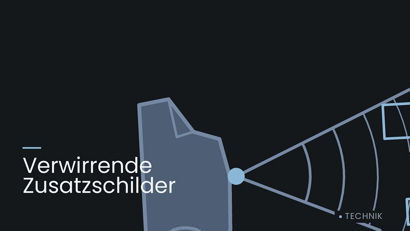 Symbolgrafik: ein gezeichneter Sensorkegel vor einer Fahrzeugfront, beschriftet mit „Verwirrende Zusatzschilder“.