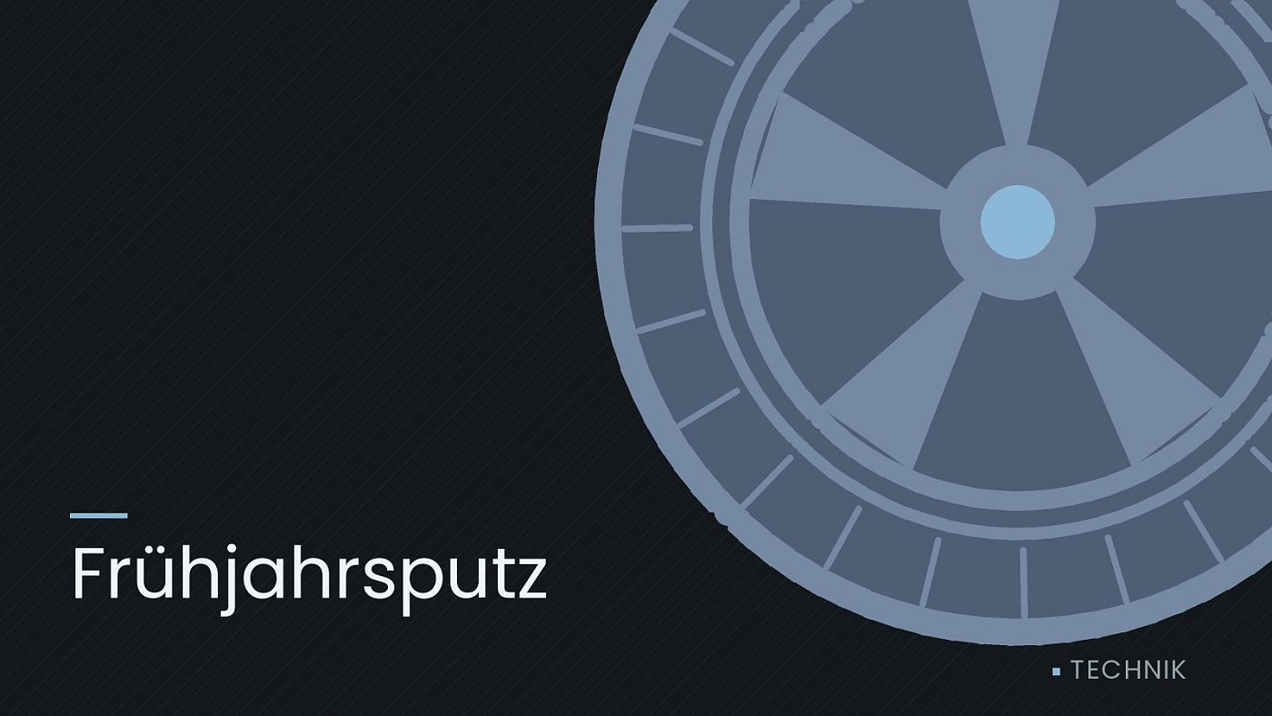 Symbolgrafik: ein gezeichnetes Rad mit Speichen, beschriftet mit „Frühjahrsputz“.