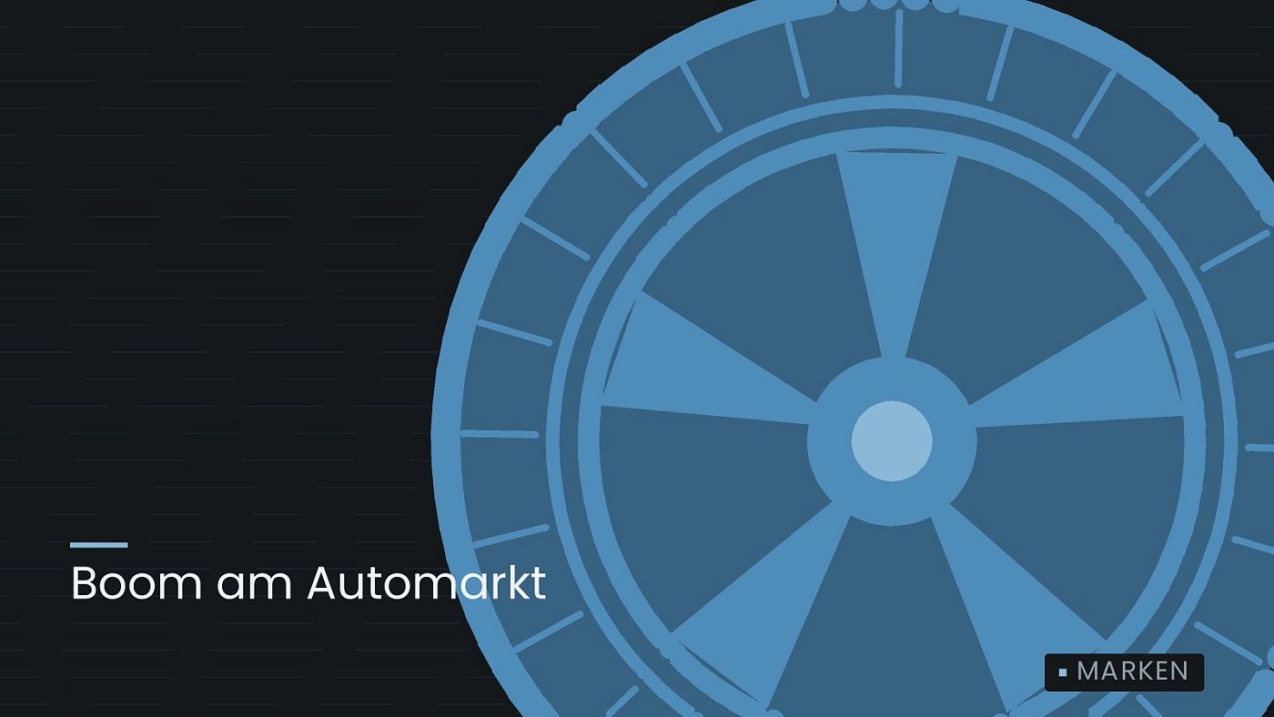 Symbolgrafik: ein gezeichnetes Rad mit Speichen, beschriftet mit „Boom am Automarkt“.