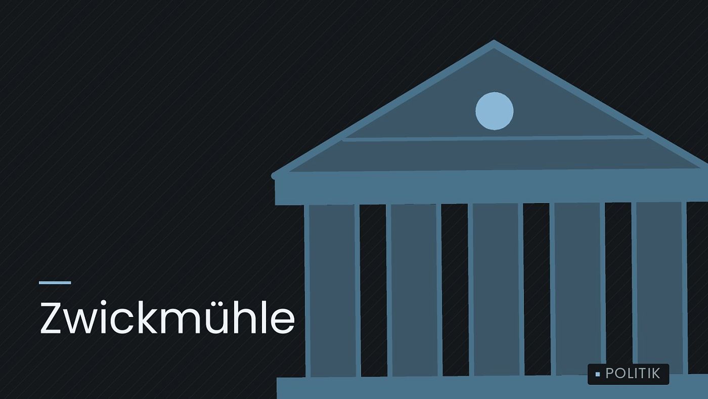 Symbolgrafik: ein stilisiertes Amtsgebäude mit Säulen, beschriftet mit „Zwickmühle“.