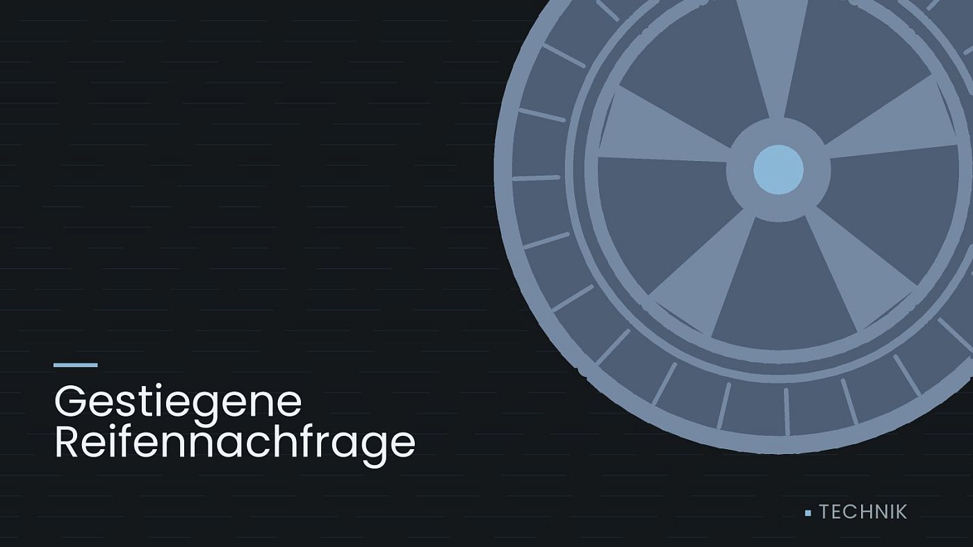 Symbolgrafik: ein gezeichnetes Rad mit Speichen, beschriftet mit „Gestiegene Reifennachfrage“.