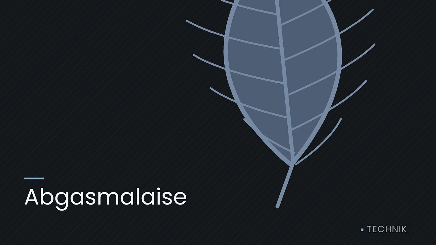 Symbolgrafik: ein gezeichnetes Blatt als Zeichen für Umwelt und Klima, beschriftet mit „Abgasmalaise“.