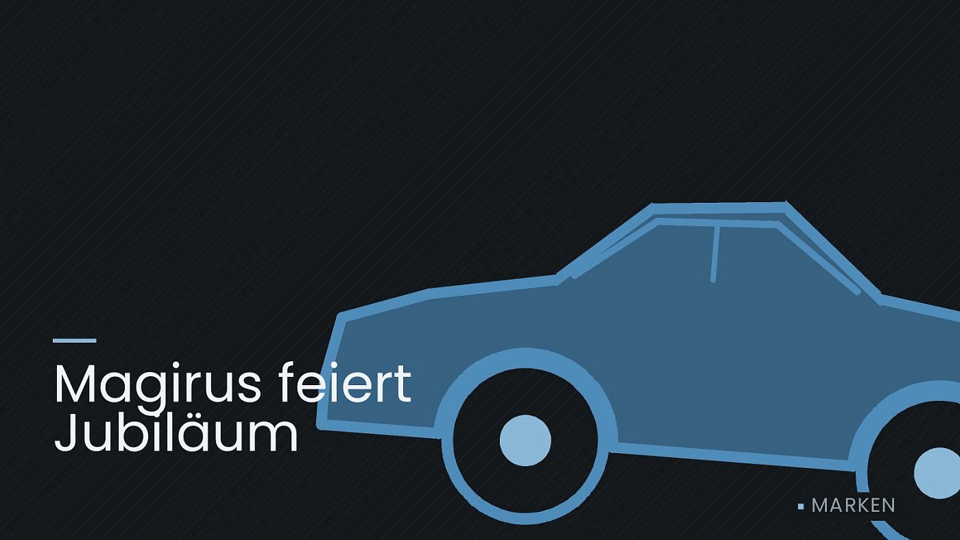 Symbolgrafik: die Umrisslinie eines Fahrzeugs von der Seite, beschriftet mit „Magirus feiert Jubiläum“.