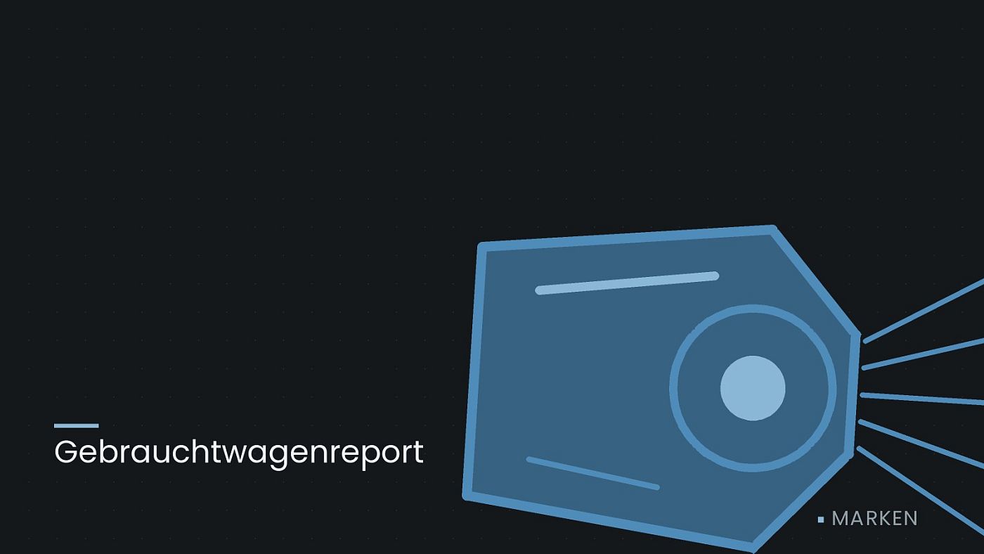 Symbolgrafik: ein gezeichneter Scheinwerfer mit Lichtkegel, beschriftet mit „Gebrauchtwagenreport“.