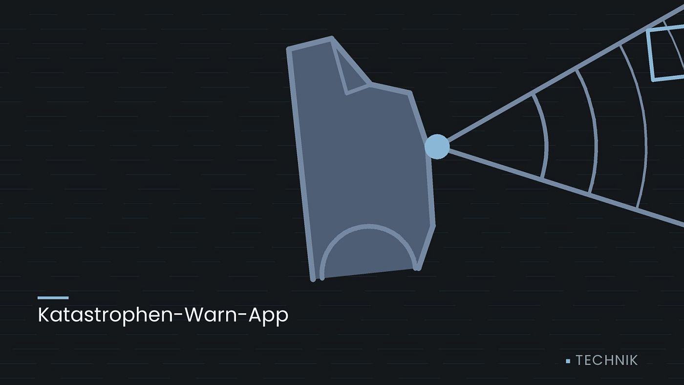 Symbolgrafik: ein gezeichneter Sensorkegel vor einer Fahrzeugfront, beschriftet mit „Katastrophen-Warn-App“.