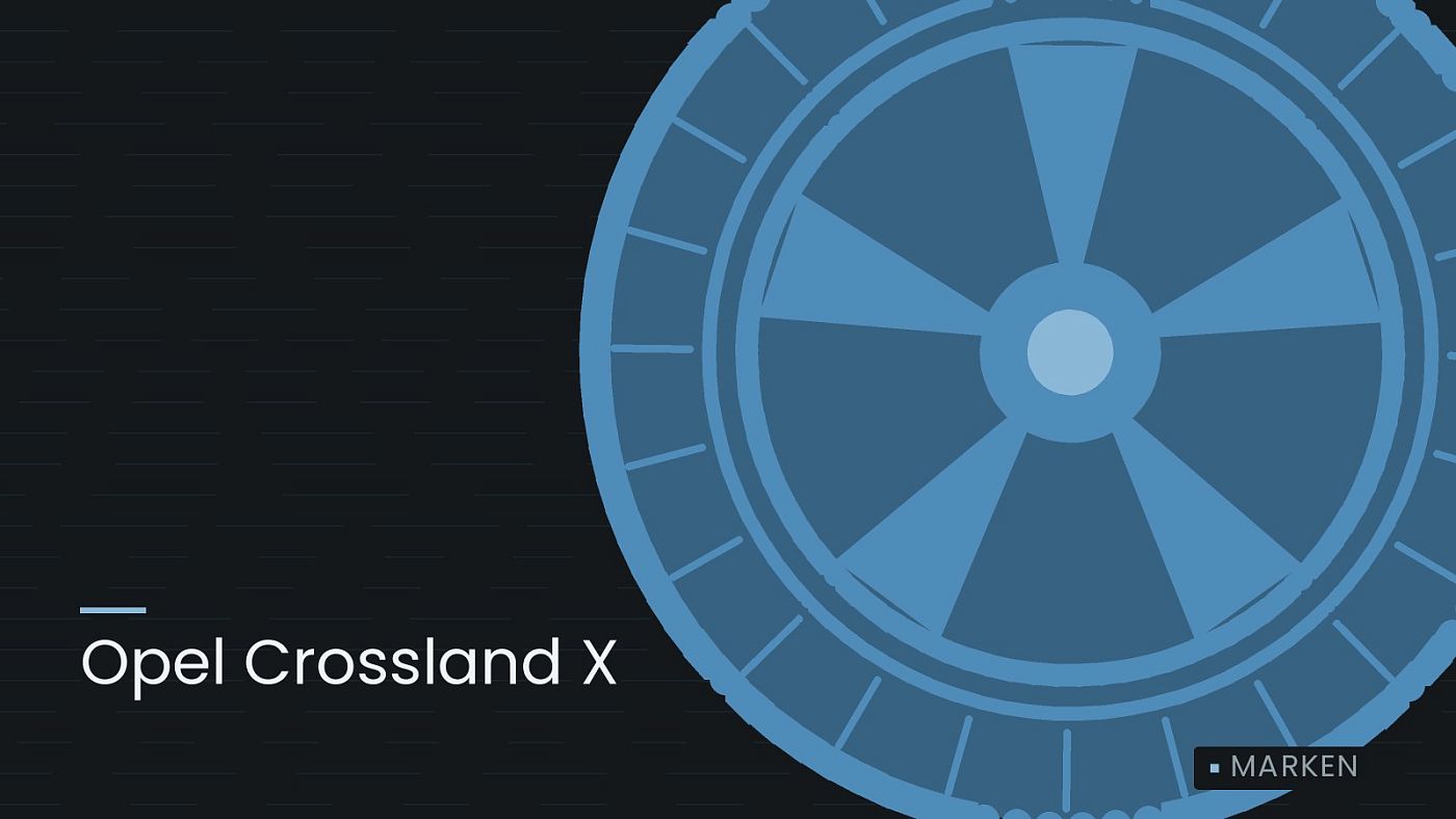 Symbolgrafik: ein gezeichnetes Rad mit Speichen, beschriftet mit „Opel Crossland X“.